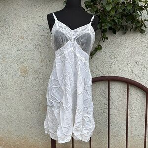 Vintage French Maid Lingerie White Sheer Floral Lace Slip Dress, Coquette Boho